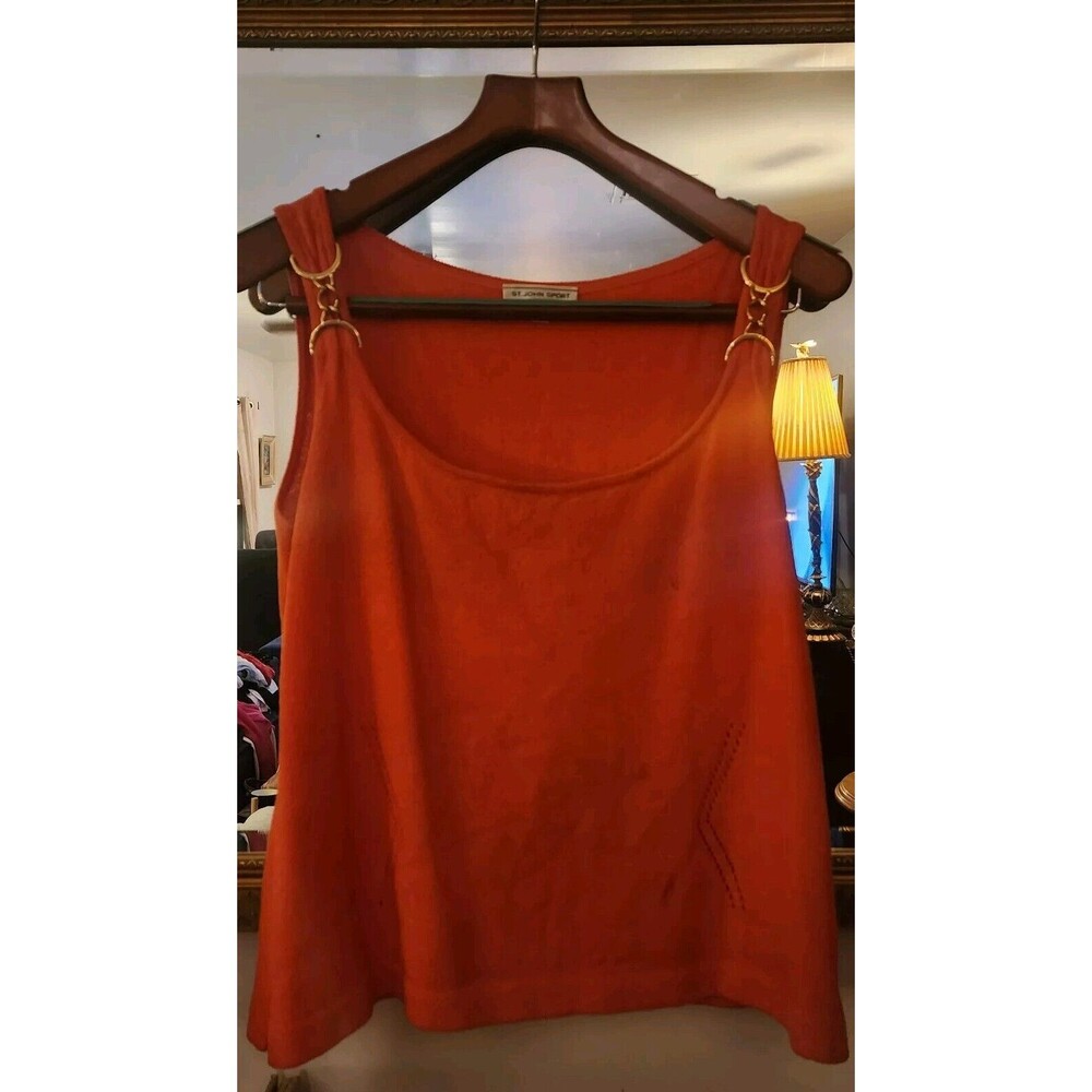 ST. JOHN Coral Knit Sleeveless Wool Blend Tank Top Gold Chain Shoulder Sz Large